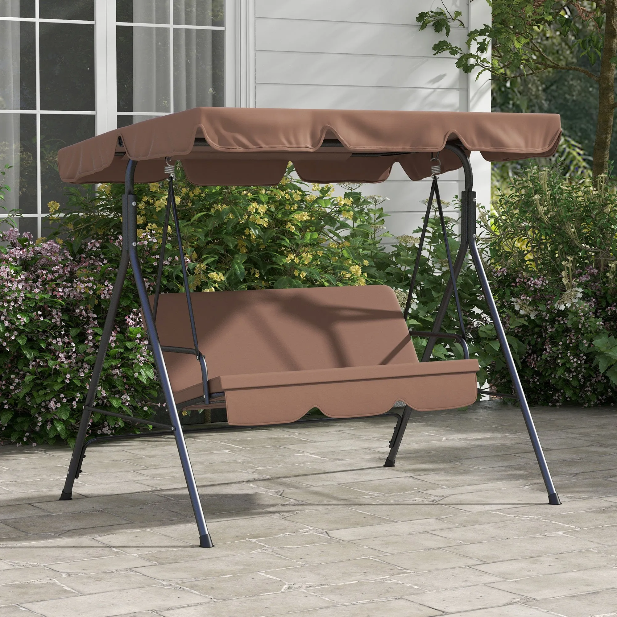 3-Seat Swing Chair Garden Swing Seat with Adjustable Canopy for Patio, Brown