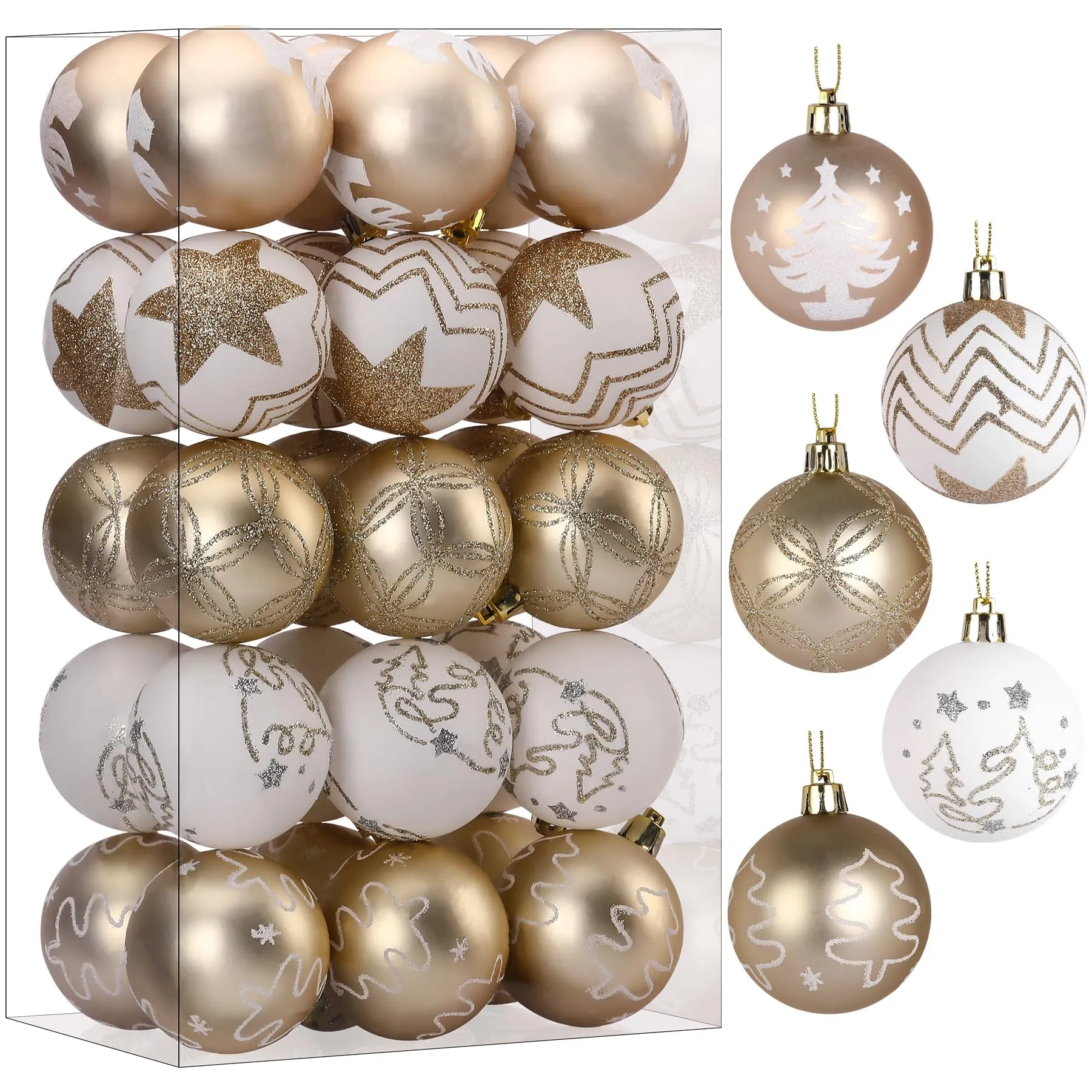 30ct 2.36 Inch Champagne Gold & White Christmas Tree Balls Ornaments