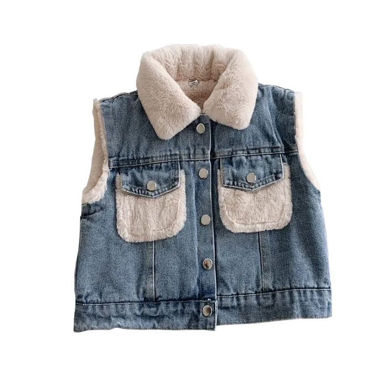 80-140 Cm Winter Girls Boys Thick Warm Fleece Waistcoat Baby Kids Children Jeans Denim Vest