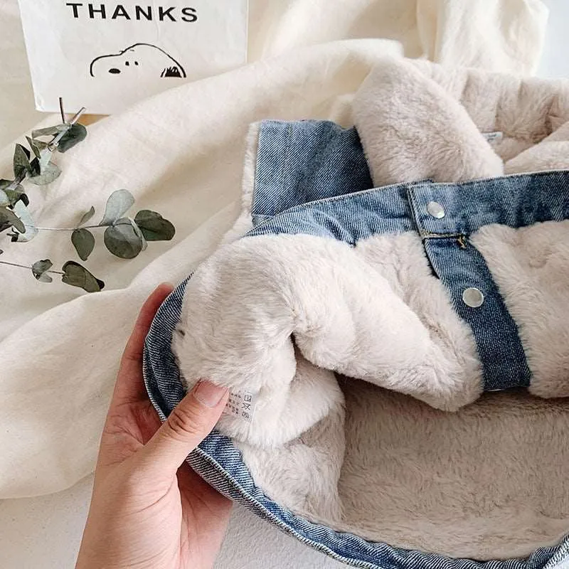 80-140 Cm Winter Girls Boys Thick Warm Fleece Waistcoat Baby Kids Children Jeans Denim Vest