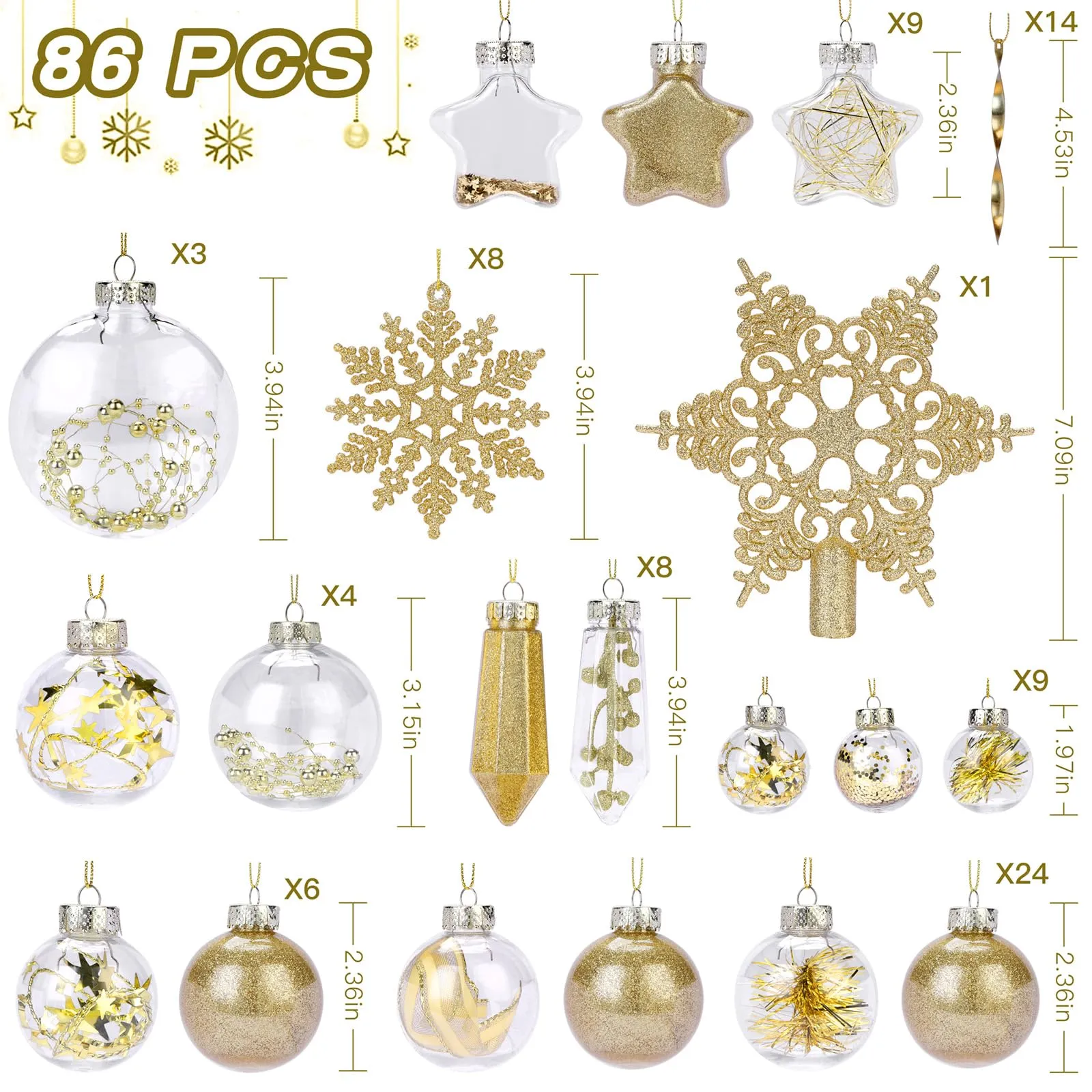 86PCS Glod Christmas Balls Ornaments Set