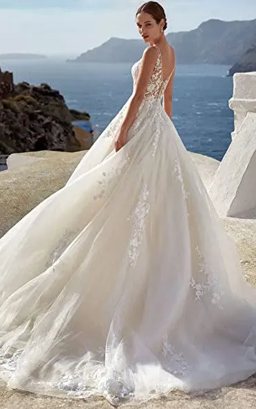 A-Line Spaghetti Tulle Wedding Dress Casual Sexy Elegant Summer Adorable Beach With Deep-V Back And Sleevesless And Appliques-716791