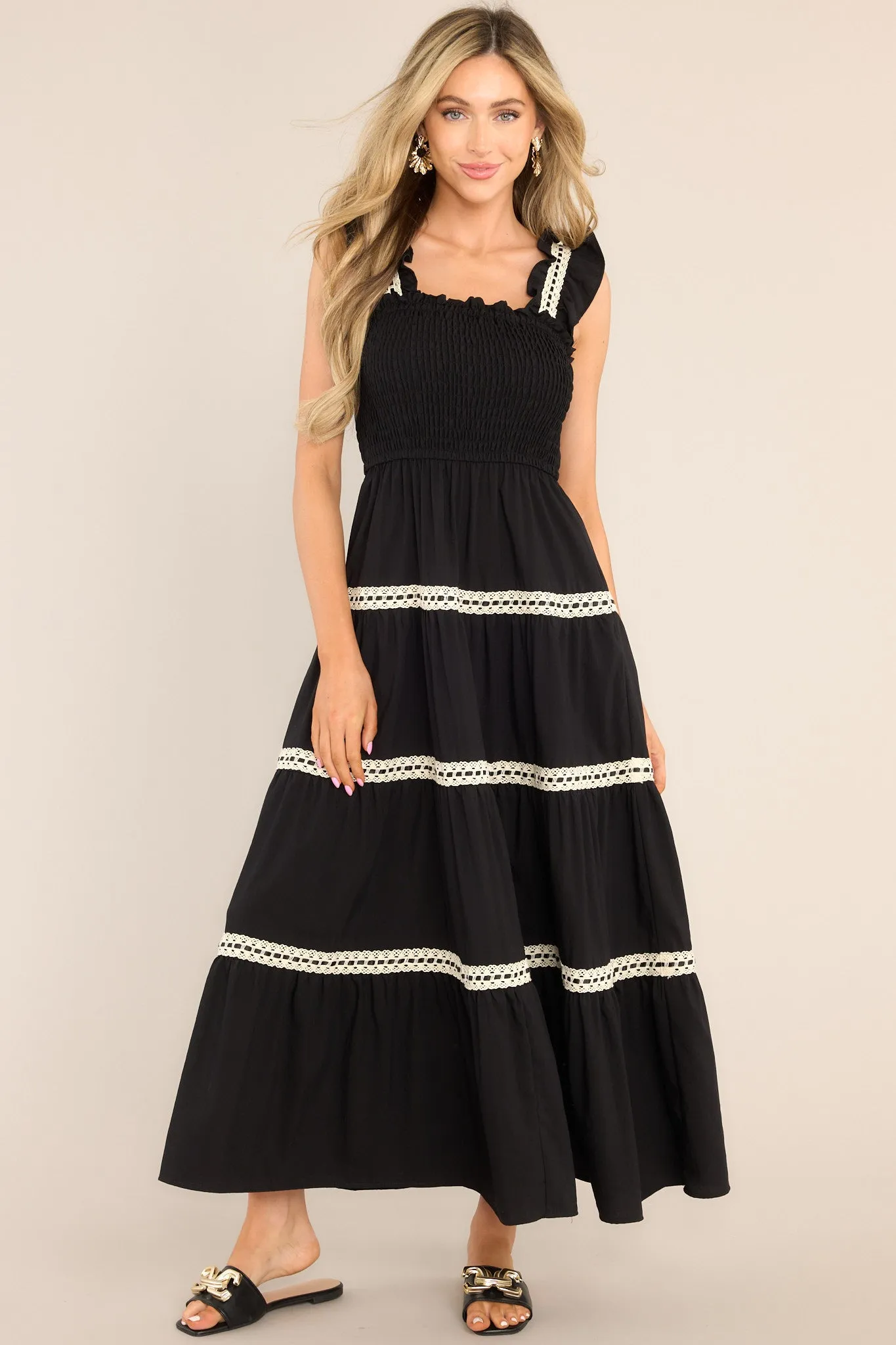 Always Timeless Black Lace Tiered Midi Dress