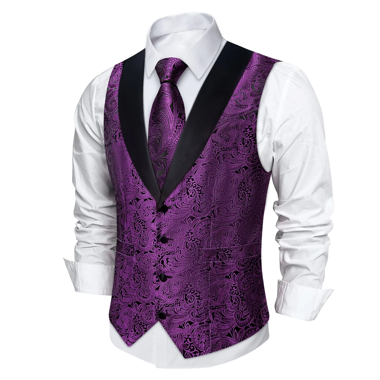 DiBanGu Deep Purple Floral Silk Shawl Collar Mens Dress Vest Tie Set