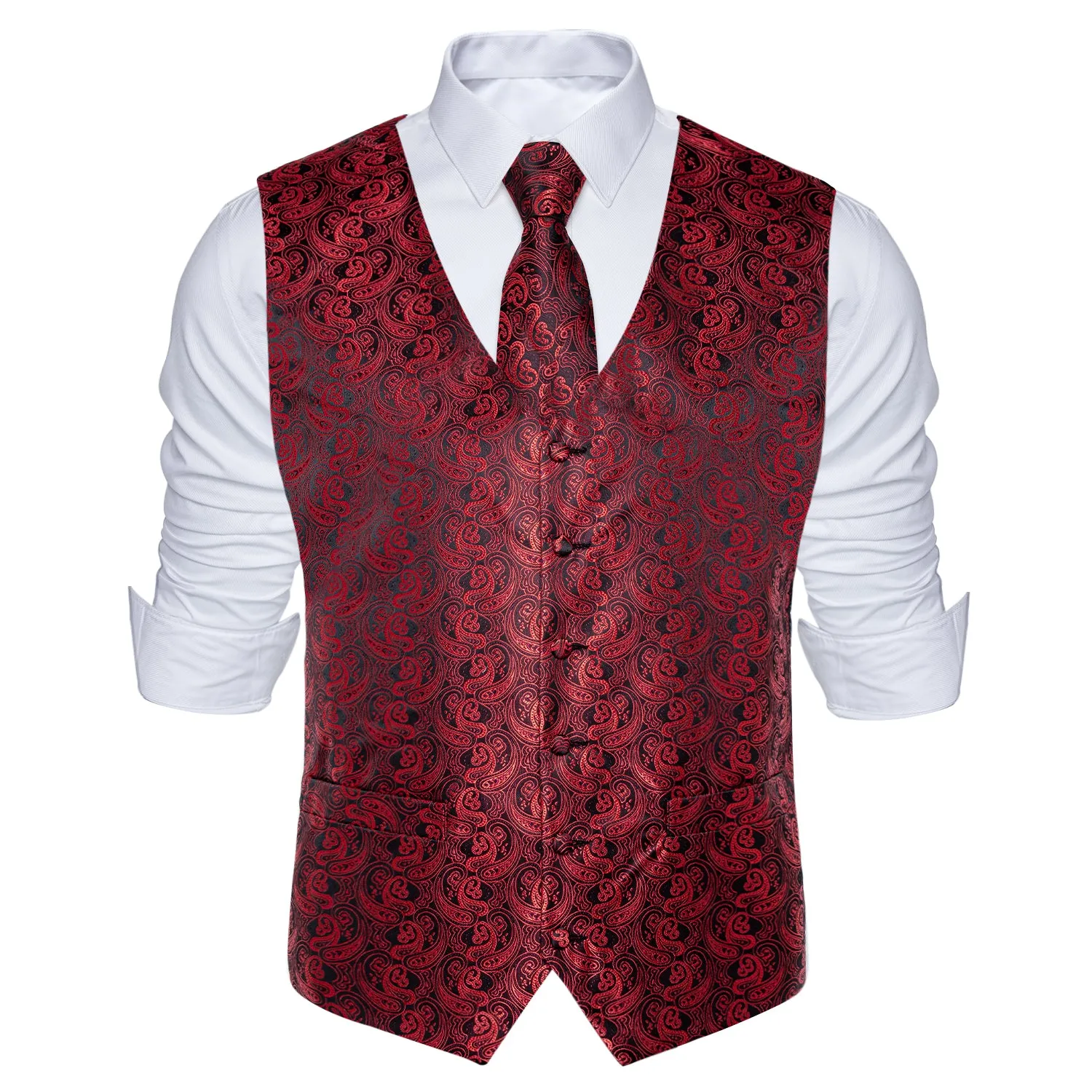 DiBanGu Mens Suit Vest Deep Red Paisley Jacquard Silk Waistcoat Vest Tie Pocket Square Cufflinks Set