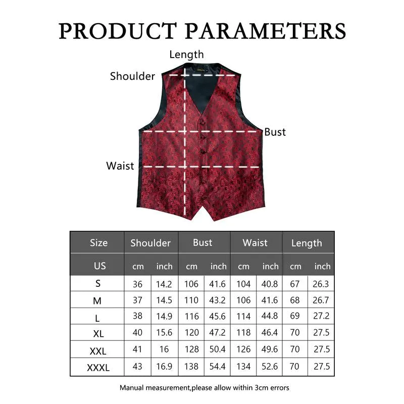 DiBanGu Mens Suit Vest Deep Red Paisley Jacquard Silk Waistcoat Vest Tie Pocket Square Cufflinks Set