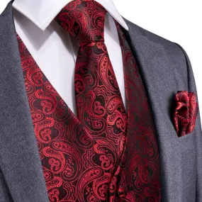 DiBanGu Mens Suit Vest Deep Red Paisley Jacquard Silk Waistcoat Vest Tie Pocket Square Cufflinks Set