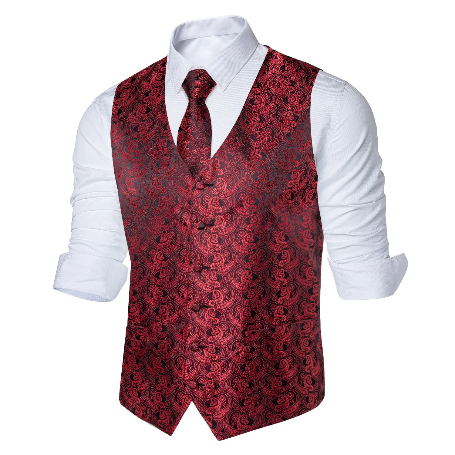 DiBanGu Mens Suit Vest Deep Red Paisley Jacquard Silk Waistcoat Vest Tie Pocket Square Cufflinks Set