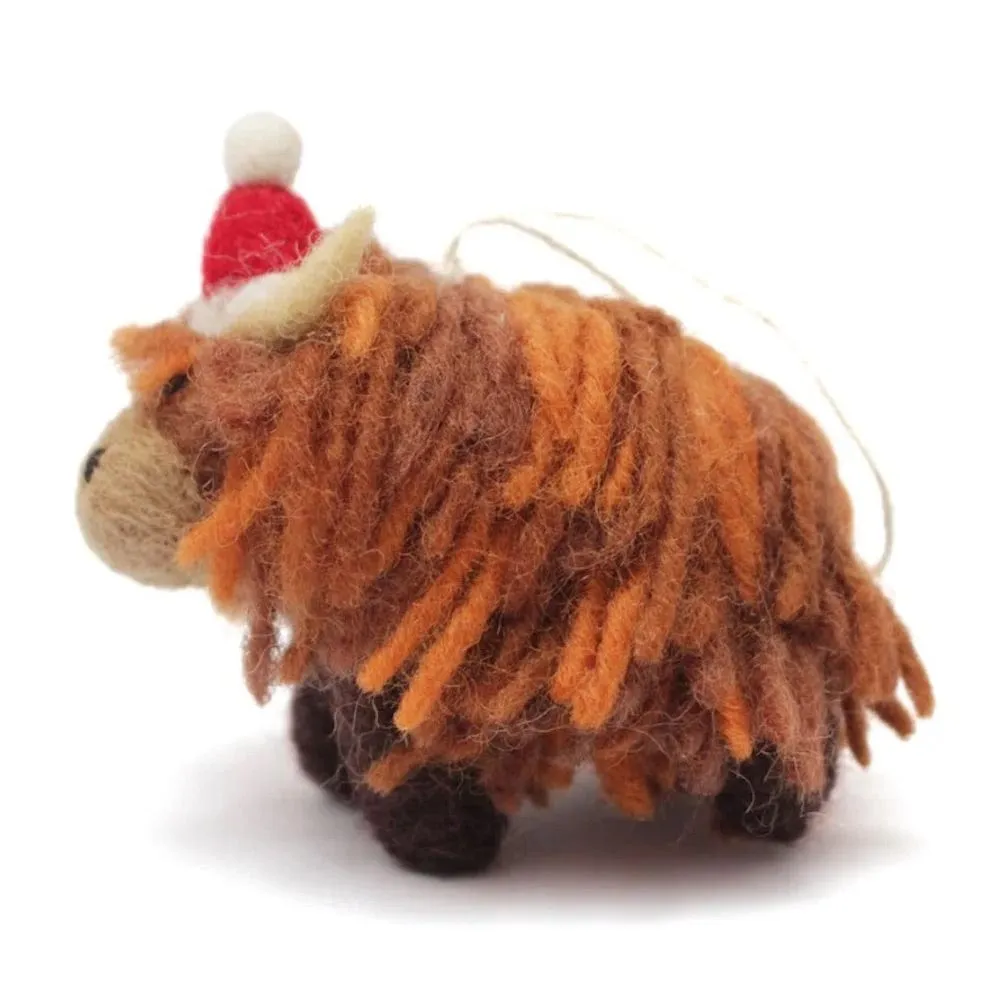 Mini Highland Cow Christmas Felt Hanging Decoration by Amica