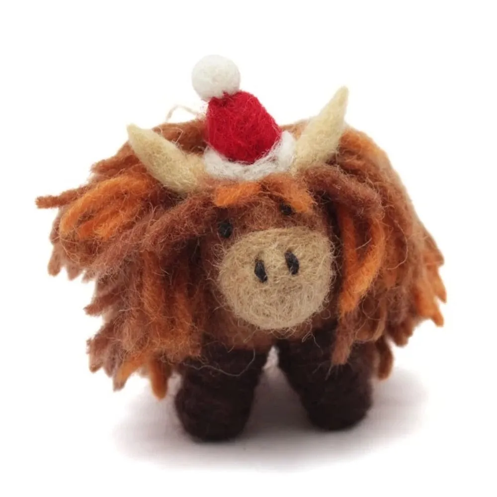 Mini Highland Cow Christmas Felt Hanging Decoration by Amica