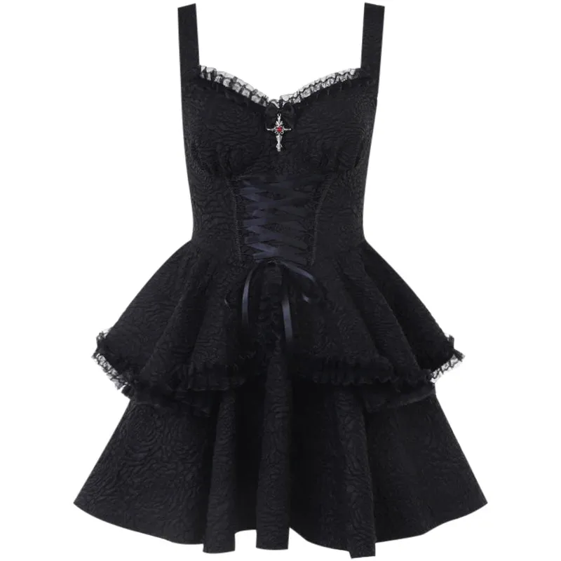 'Till Death' Black Elegant Goth Lace Trim Dress