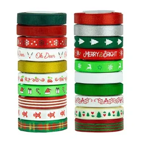 VATIN 20 Rolls 110 Yards Christmas Ribbons Printed Grosgrain Ribbon Polyester Satin Ribbon Sheer Organze Ribbon 3/8" Wide Xmas Ribbon Set for Christmas Gift Box Wrapping,Sewing,Hair Banding,DIY Craft